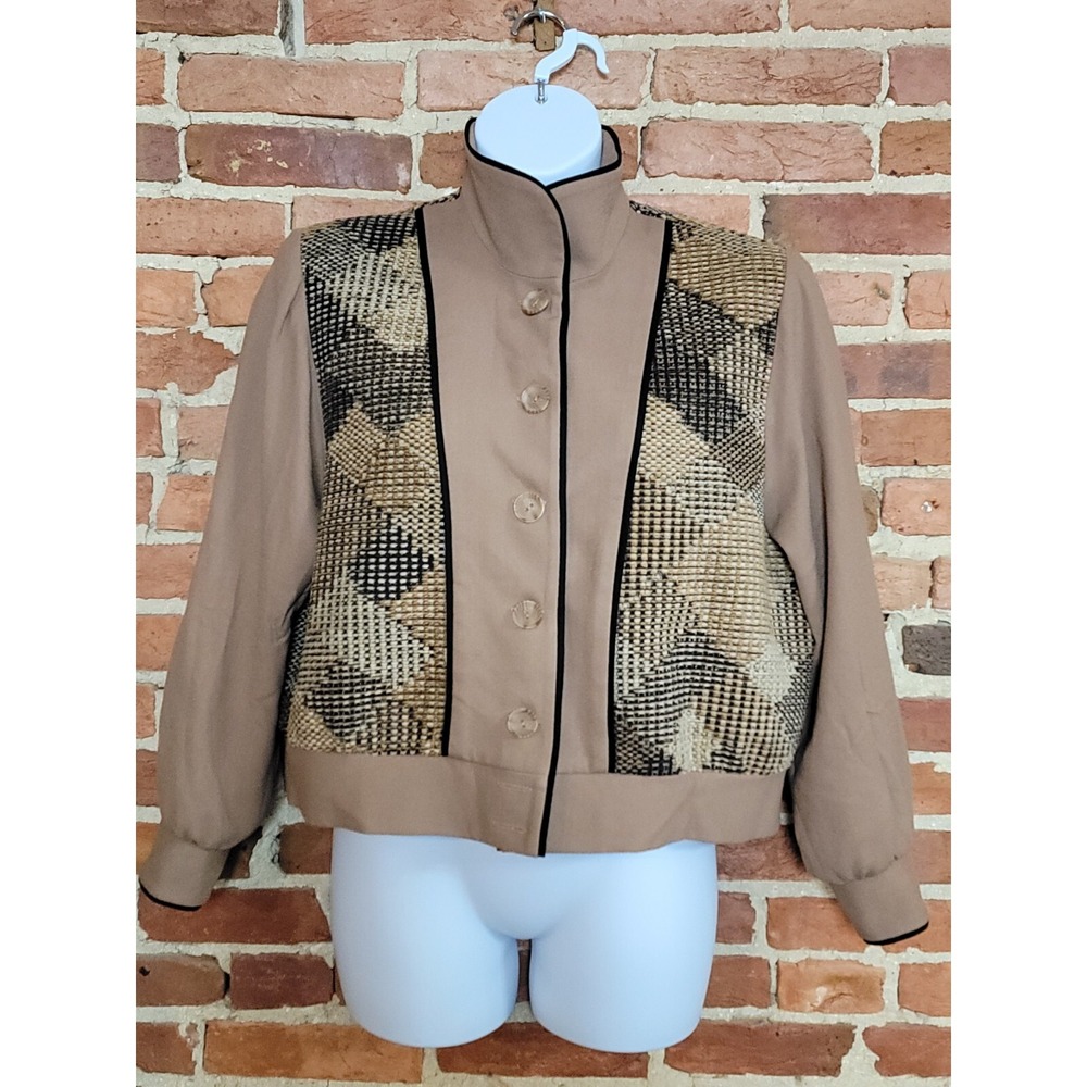 Howard Wolf Jacket Womens Size‎ 14 Brown Piping Trim Mock Neck Button Front USA